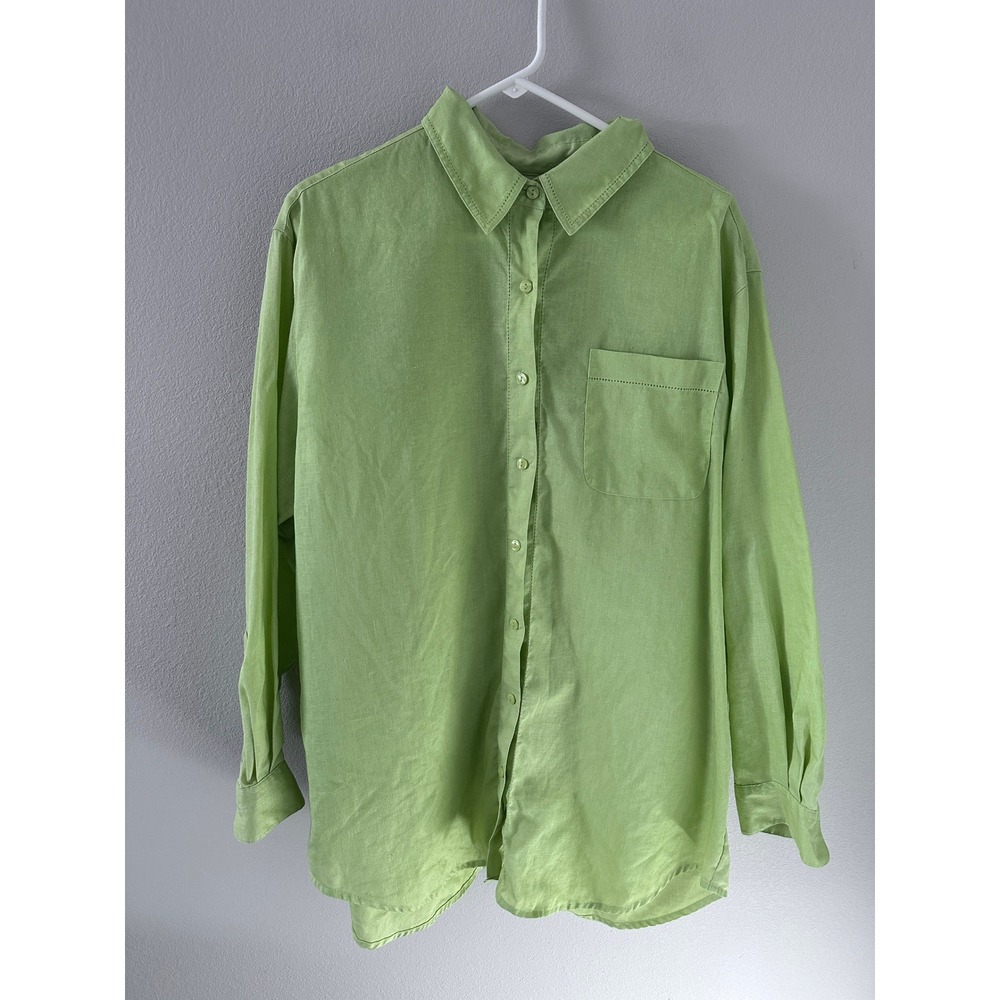 Westbound Button Down Shirt XL Lime Green 100% Linen Long Sleeve Pocket